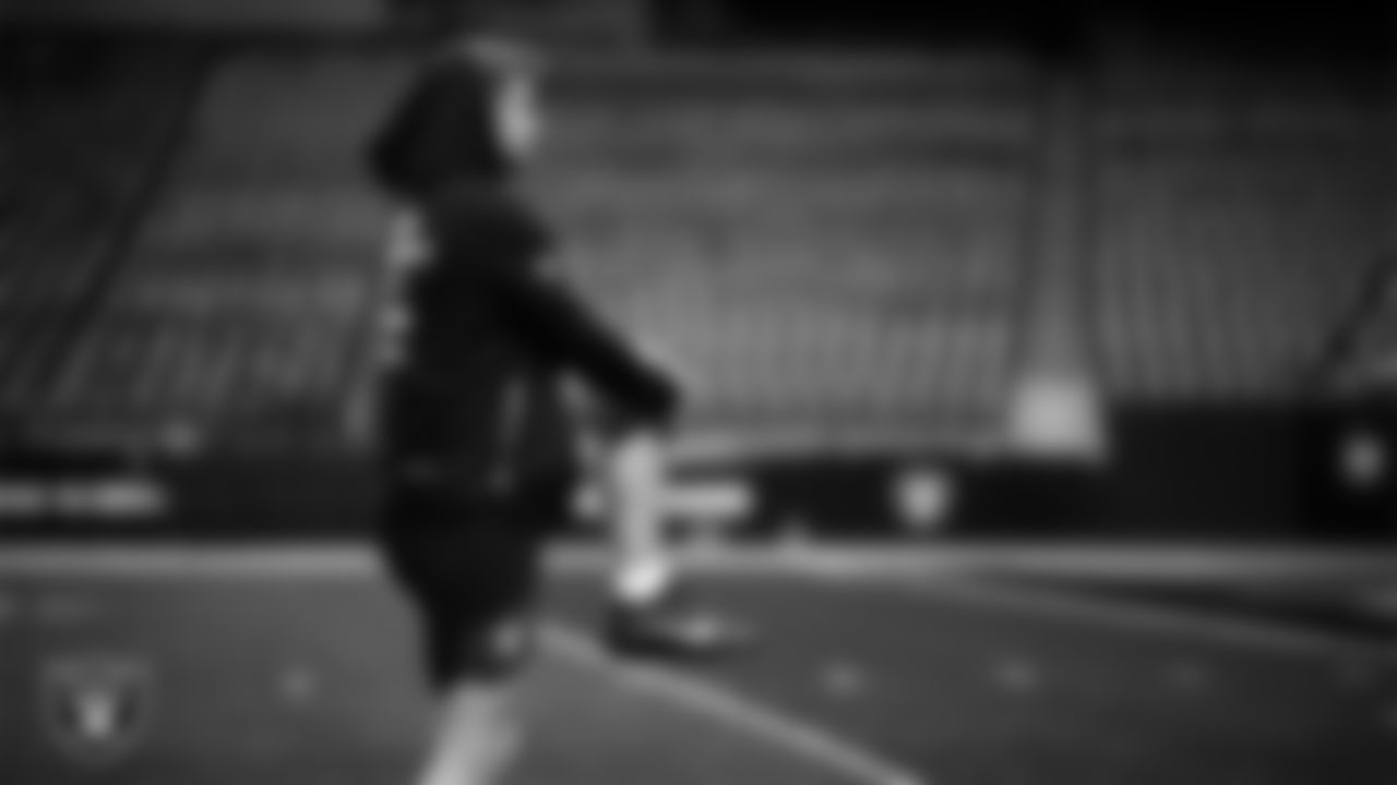 Las Vegas Raiders tight end Michael Mayer (87) warming up before the regular season home game against the New York Giants at Allegiant Stadium.