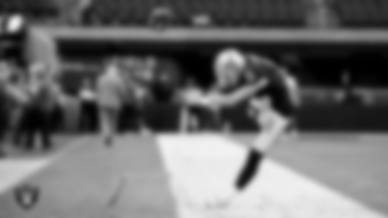 Las Vegas Raiders kicker Daniel Carlson (8) warming up before the regular season home game against the Cleveland Browns at Allegiant Stadium.