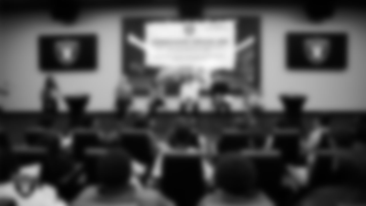 Las Vegas Raiders staff members speak to students during the Employee Resource Group Mentorship Program at Las Vegas Raiders Headquarters.