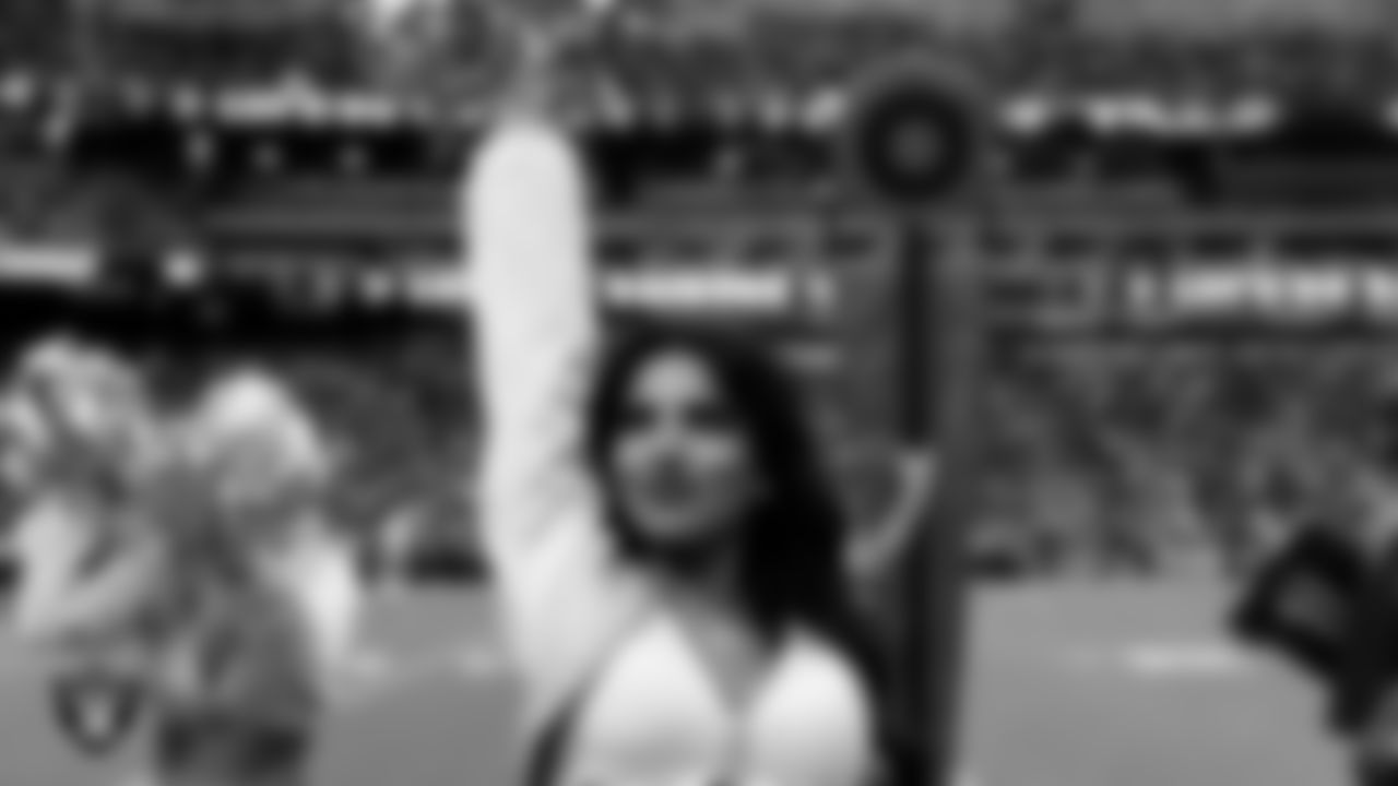 Raiderette Annalise on the sidelines during the regular season home game against the Cleveland Browns at Allegiant Stadium.