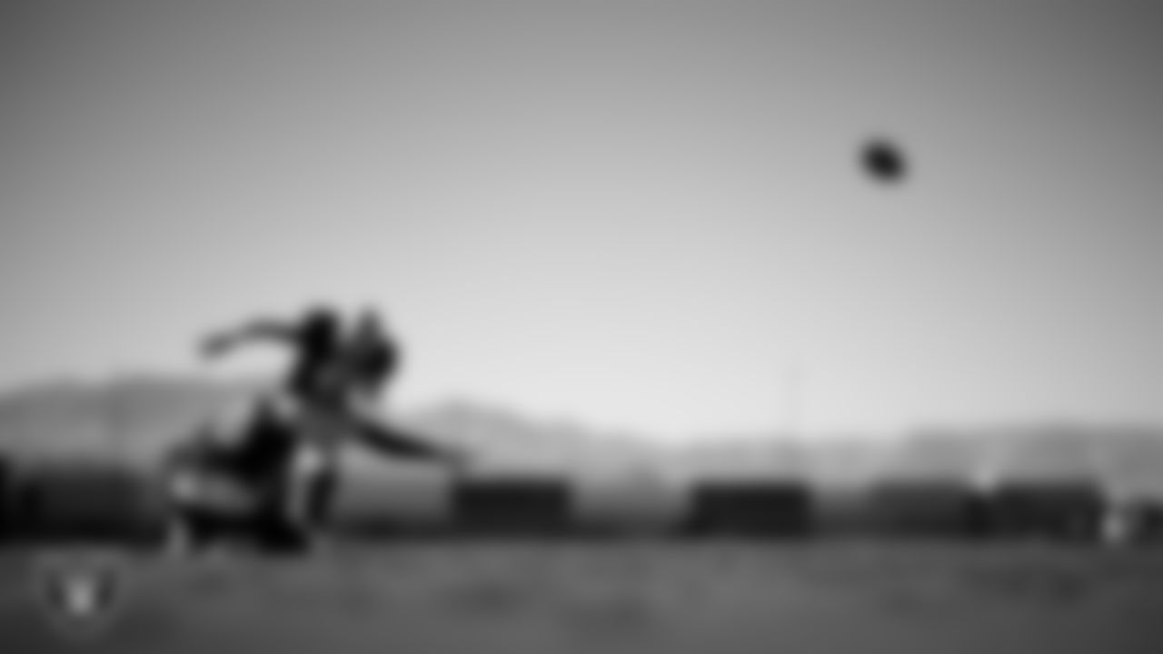 Las Vegas Raiders punter AJ Cole (6) and kicker Daniel Carlson (8) during practice at Intermountain Health Performance Center.