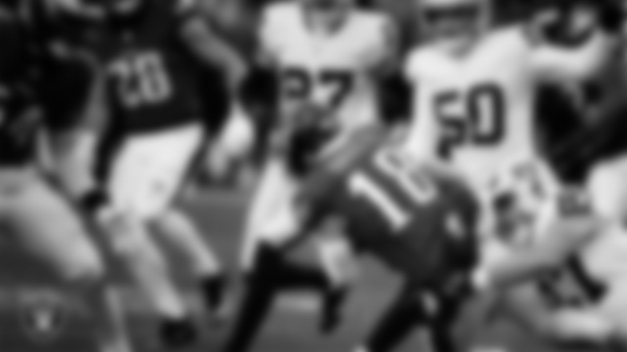 Las Vegas Raiders tight end Michael Mayer (87) makes a tackle during the regular season away game against the Philadelphia Eagles at Lincoln Financial Field.