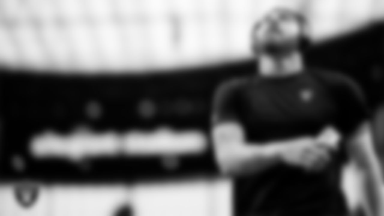 Las Vegas Raiders defensive end Maxx Crosby (98) warming up before the regular season home game against the Denver Broncos at Allegiant Stadium.