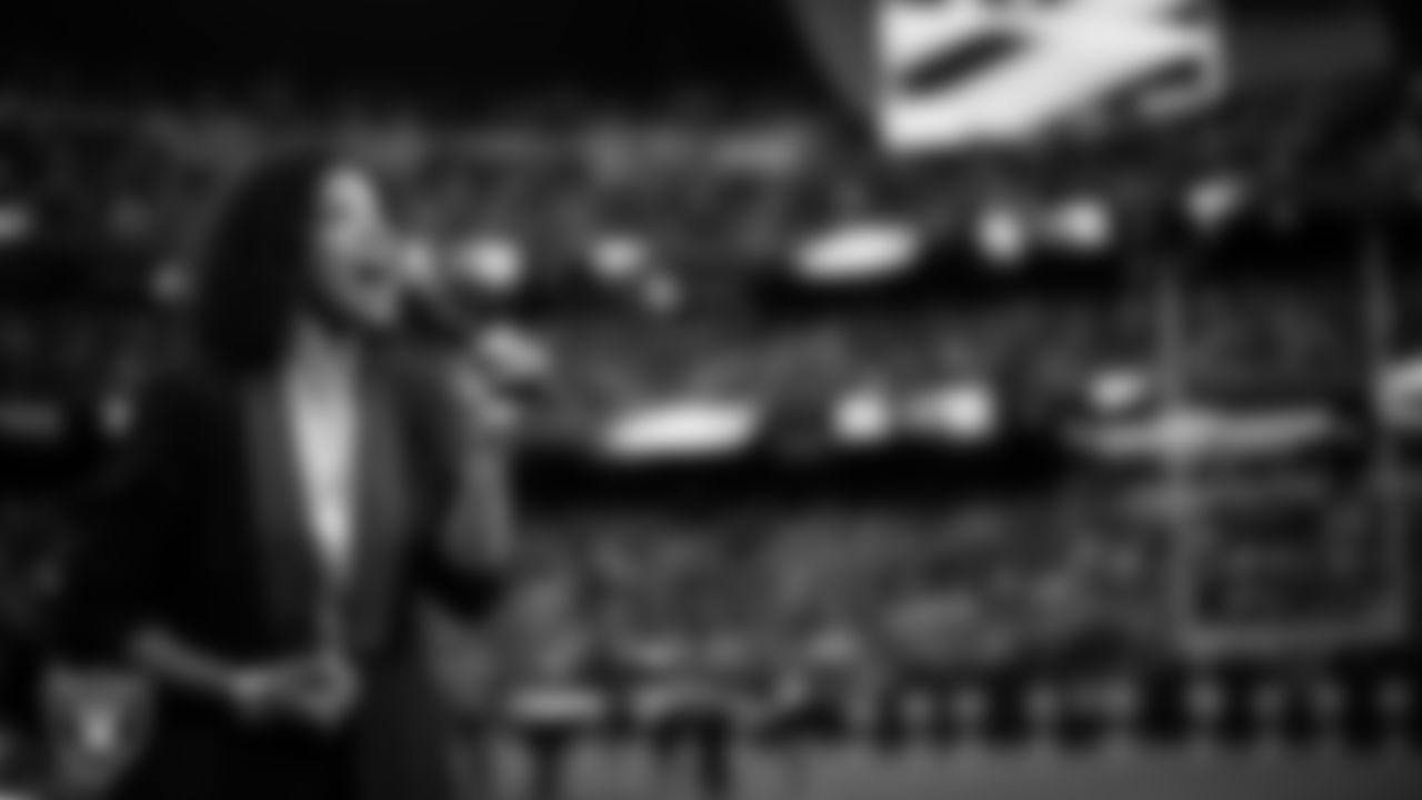 Actress and singer Renee Elise Goldsberry performs the national anthem before the Las Vegas Raiders' regular season home game against the Jacksonville Jaguars at Allegiant Stadium.