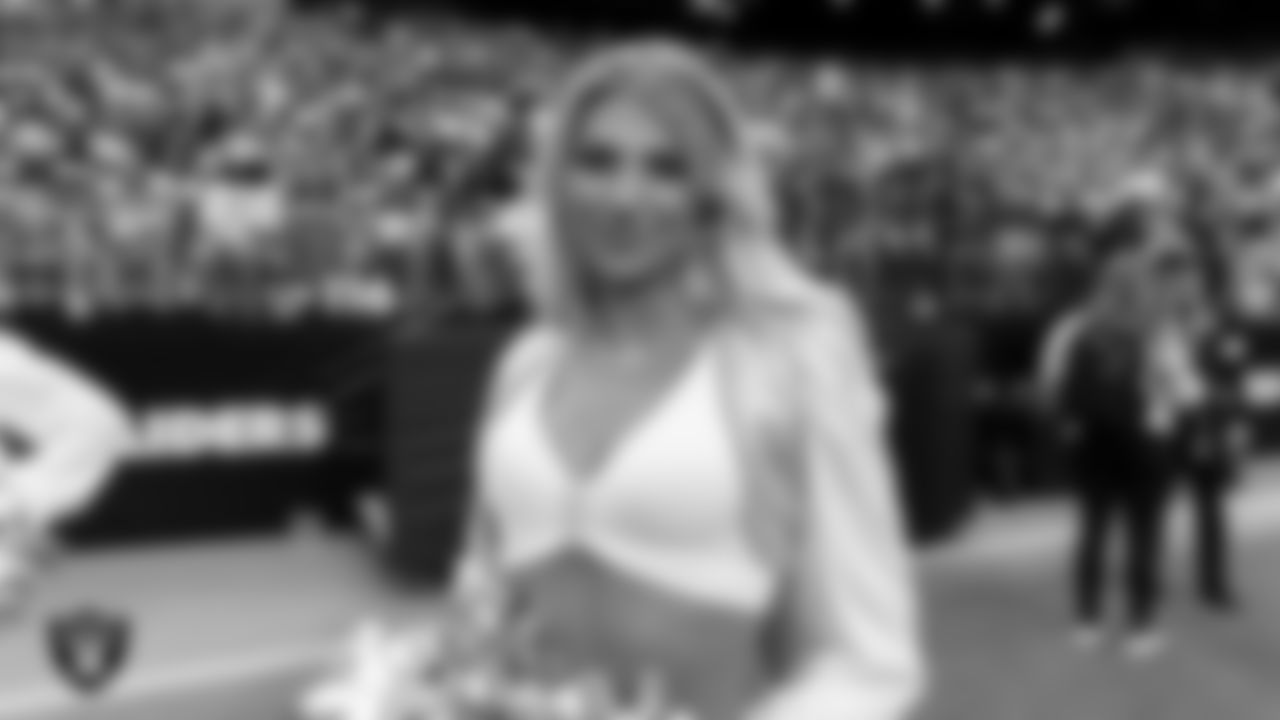 Raiderette Cori on the sidelines during the preseason home game against the San Francisco 49ers at Allegiant Stadium.