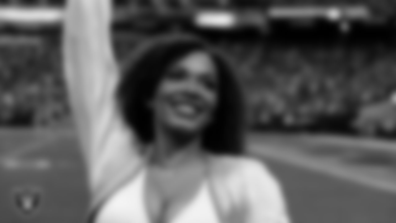 Raiderette Makenna on the sidelines during the regular season home game against the Denver Broncos at Allegiant Stadium.