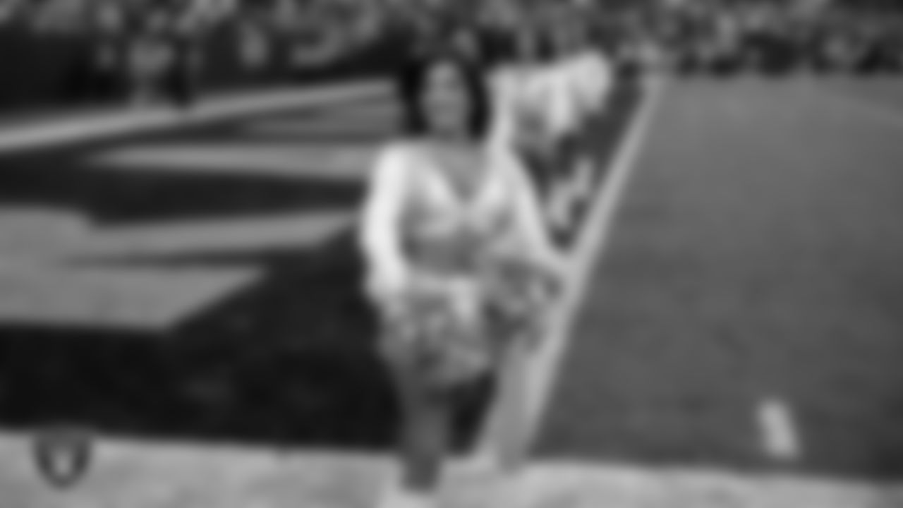 Raiderette Tatiana on the sidelines during the regular season home game against the Kansas City Chiefs at Allegiant Stadium.