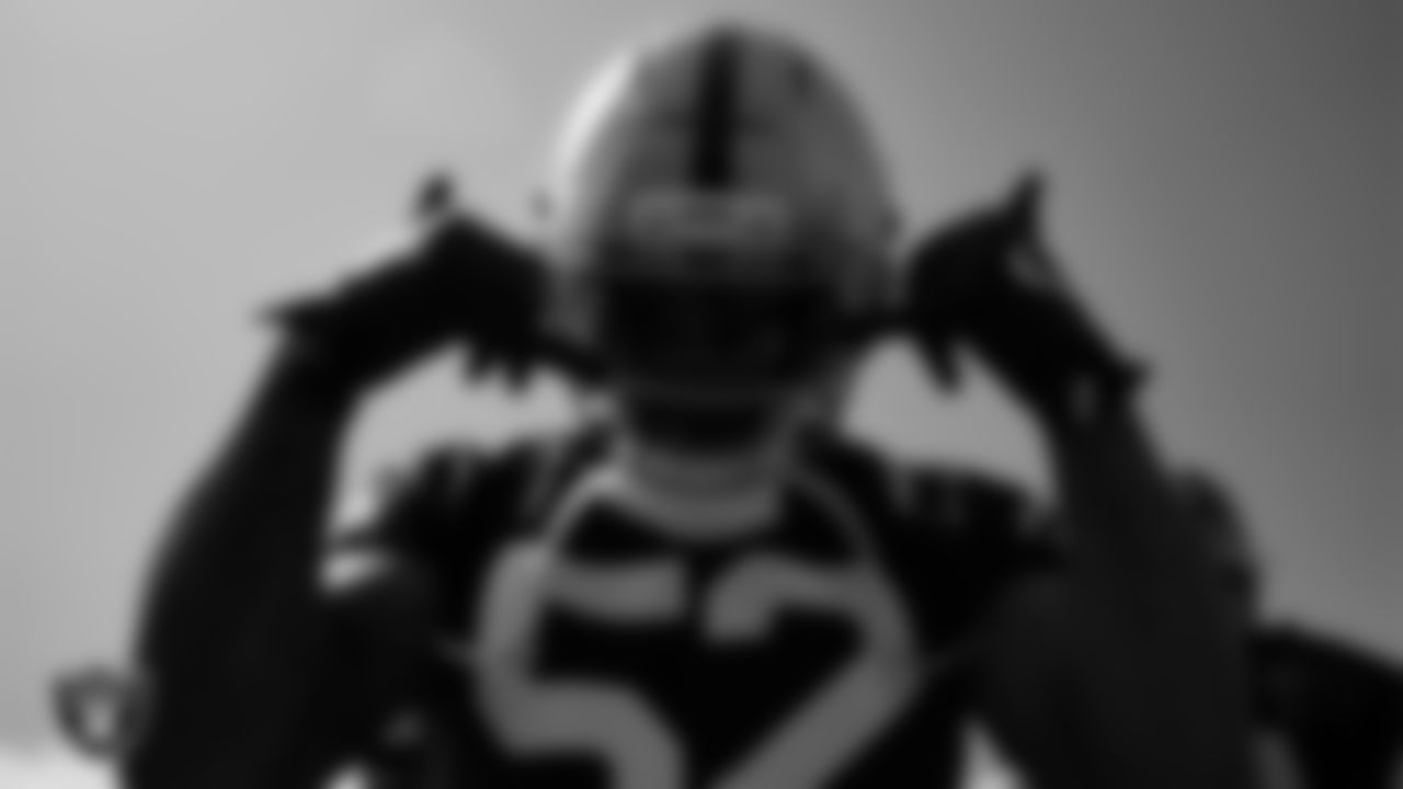 Las Vegas Raiders linebacker Elandon Roberts (52) at an Organized Team Activity (OTA) at Intermountain Health Performance Center.