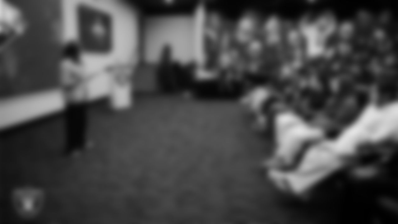 Las Vegas Raiders President Sandra Douglass Morgan speaks to athletes from Clark High School and Chaparral High School at Intermountain Health Performance Center.