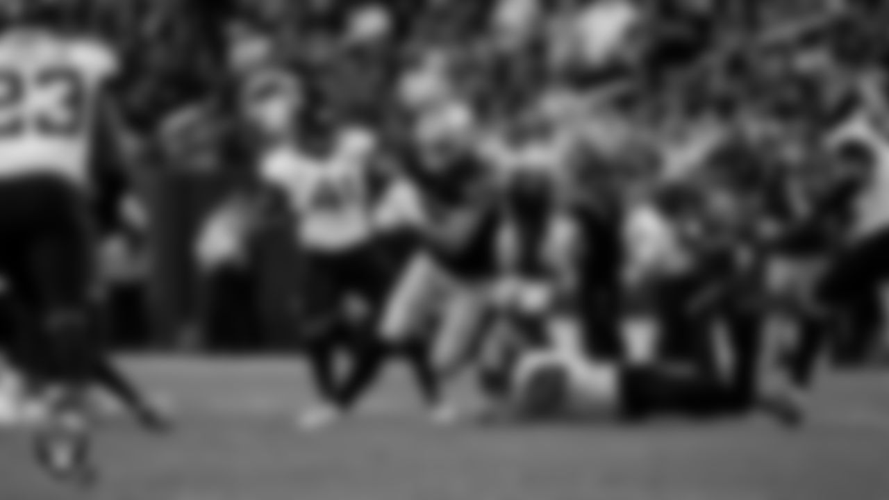 Las Vegas Raiders tight end Michael Mayer (87) runs after making a catch during the regular season home game against the Jacksonville Jaguars at Allegiant Stadium.