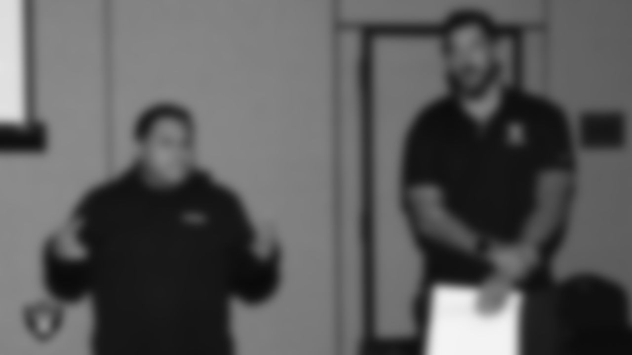 Las Vegas Raiders senior manager of football development Jordan Aguilar speaks to high school football coaches during a Glazier Clinic at Grand Sierra Resort.