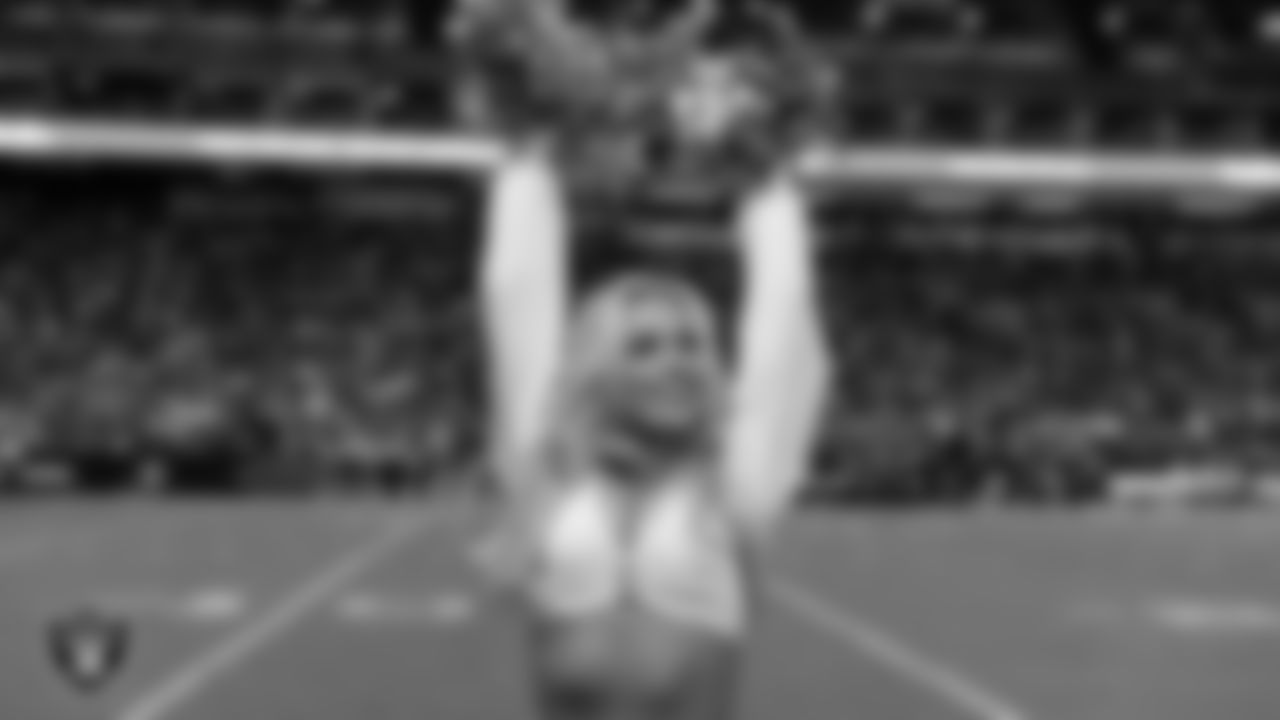 Raiderette Devyn on the sidelines during the regular season home game against the Los Angeles Chargers at Allegiant Stadium.