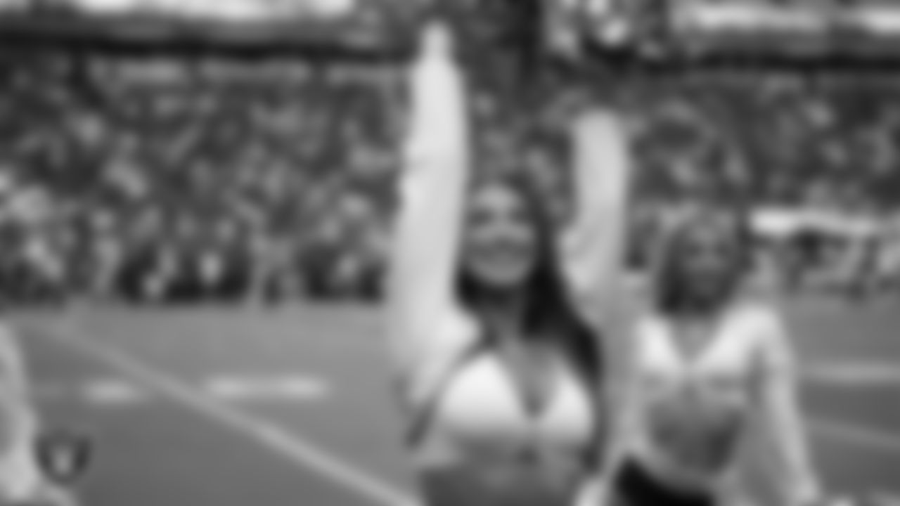 Raiderette Cheyanne on the sidelines during a 2025 Training Camp mock game at Allegiant Stadium.