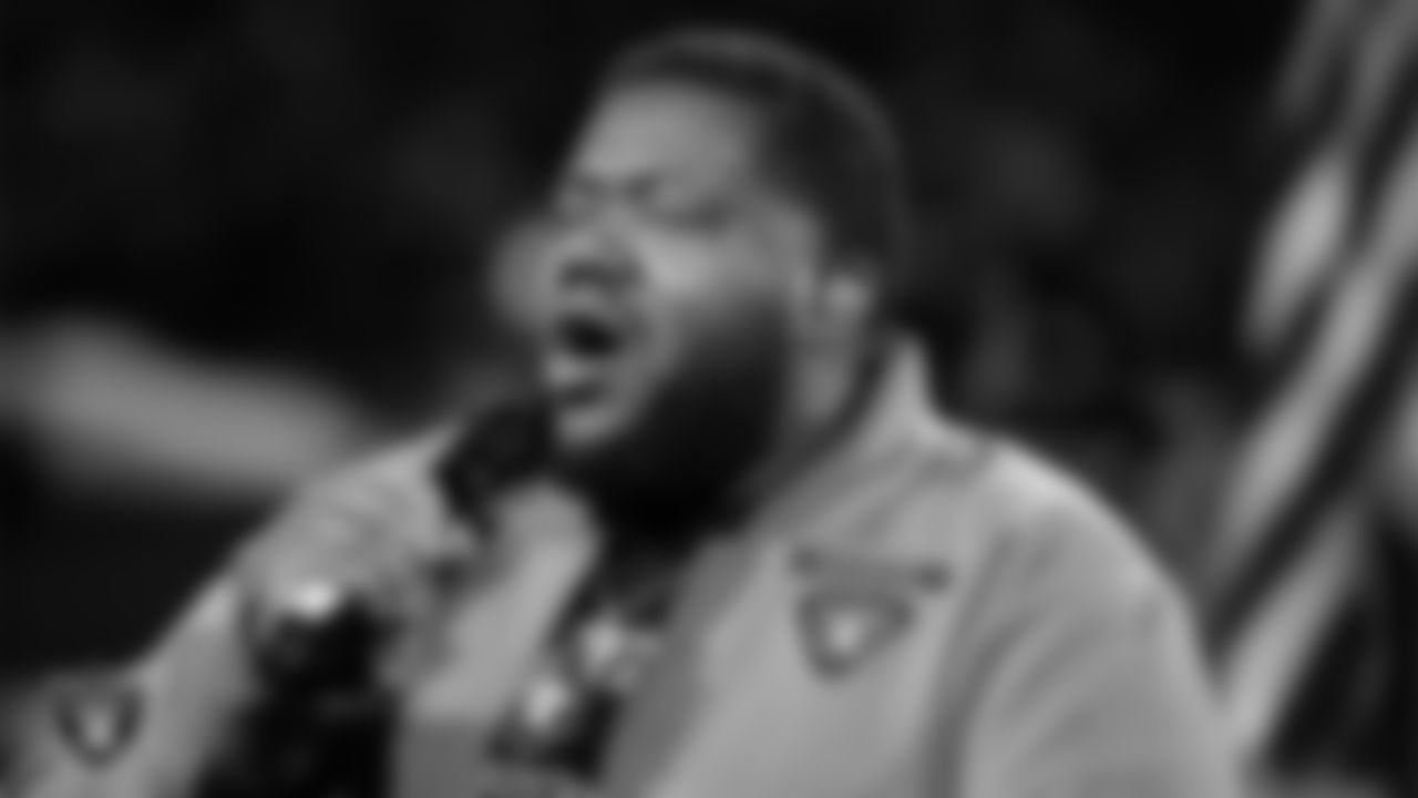 Musical duo The War and Treaty performs the national anthem before the Las Vegas Raiders' regular season home game against the Dallas Cowboys at Allegiant Stadium.