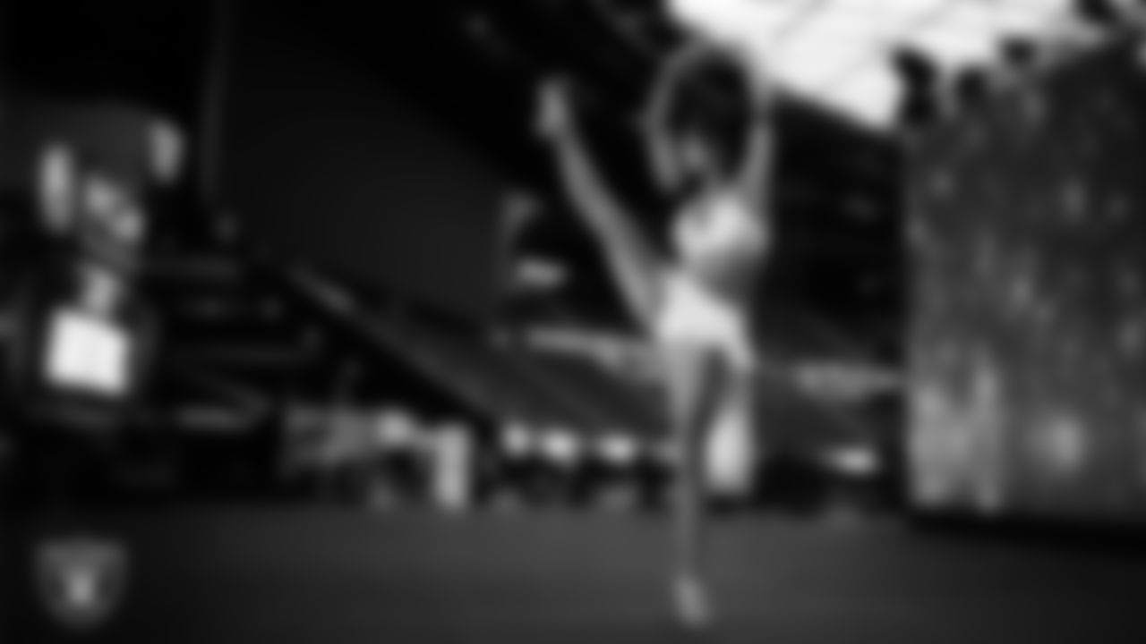 Finalist Kylee performs a solo during the final round of the 2025 Raiderettes Auditions at Allegiant Stadium.