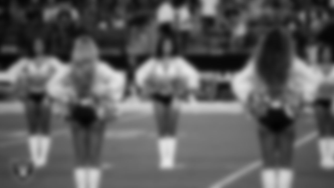 Raiderette Kylee during player introductions before the regular season home game against the Los Angeles Chargers at Allegiant Stadium.