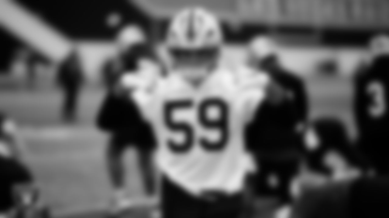 Las Vegas Raiders linebacker Jon Rhattigan (59) during practice at Intermountain Health Performance Center.