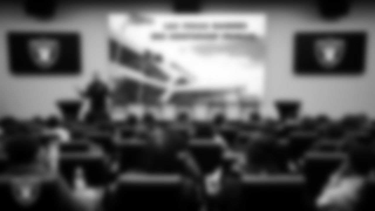 Las Vegas Raiders senior director of diversity, equity and inclusion Devon Lewis-Buchanan speaks to students during the Employee Resource Group Mentorship Program at Las Vegas Raiders Headquarters.