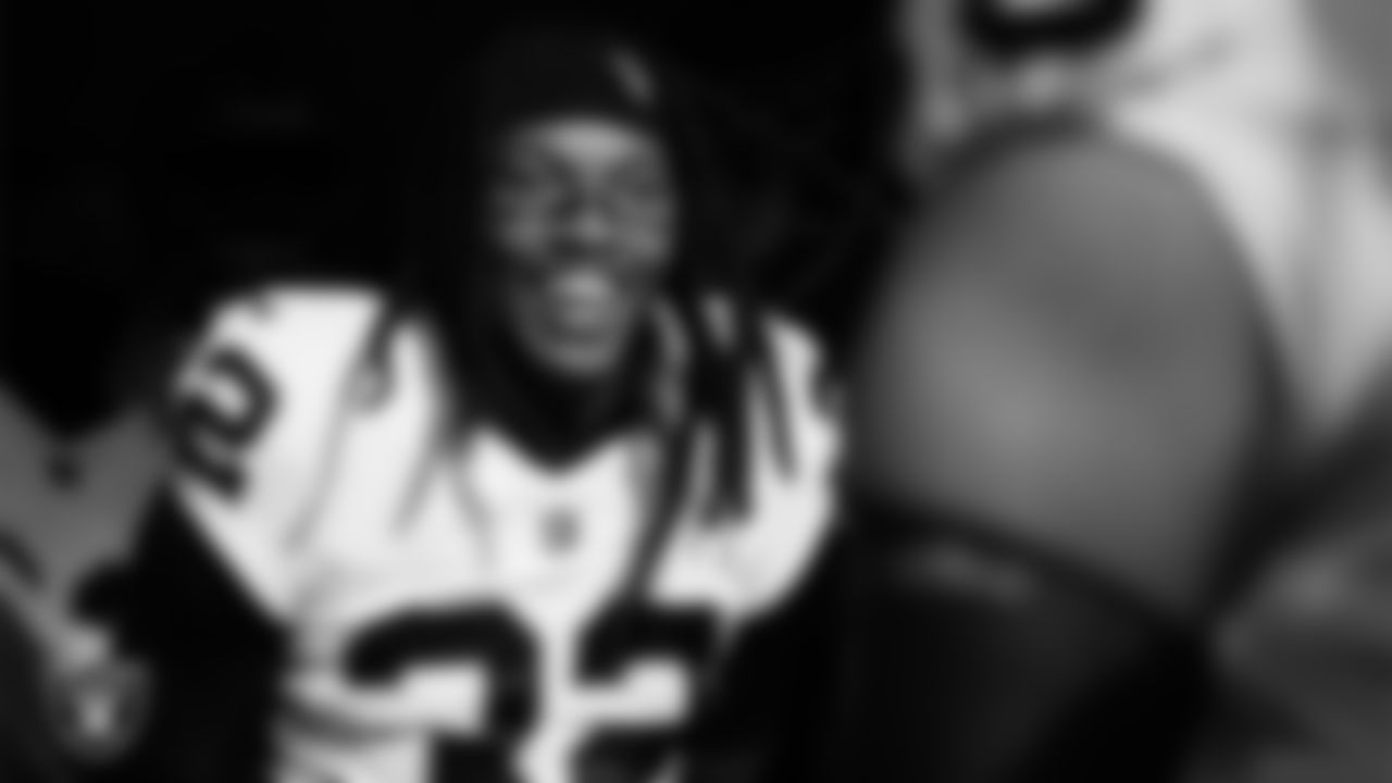 Las Vegas Raiders safety Lonnie Johnson Jr. (32) waits for the team to be introduced onto the field before the regular season away game against the Los Angeles Chargers at SoFi Stadium.