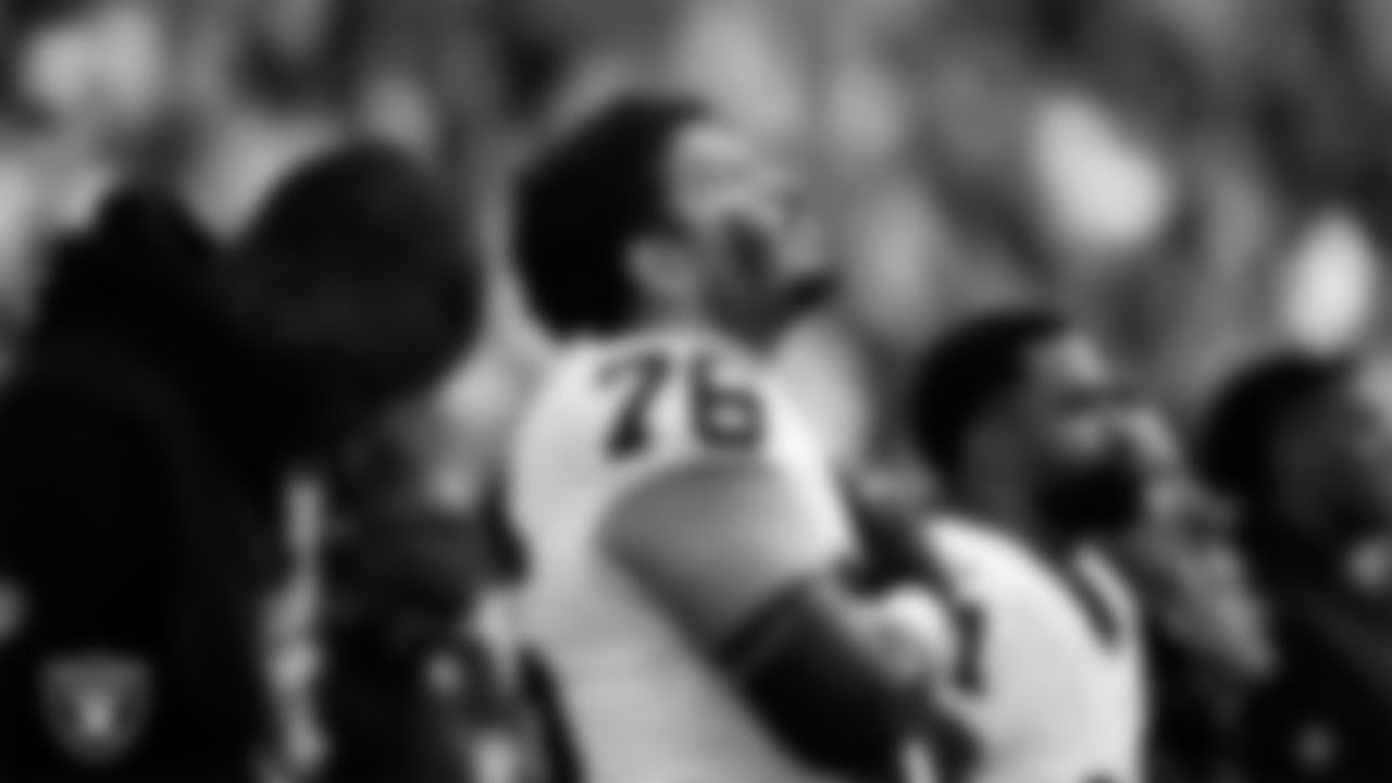 Las Vegas Raiders guard Caleb Rogers (76) during the national anthem before the regular season away game against the Los Angeles Chargers at SoFi Stadium.