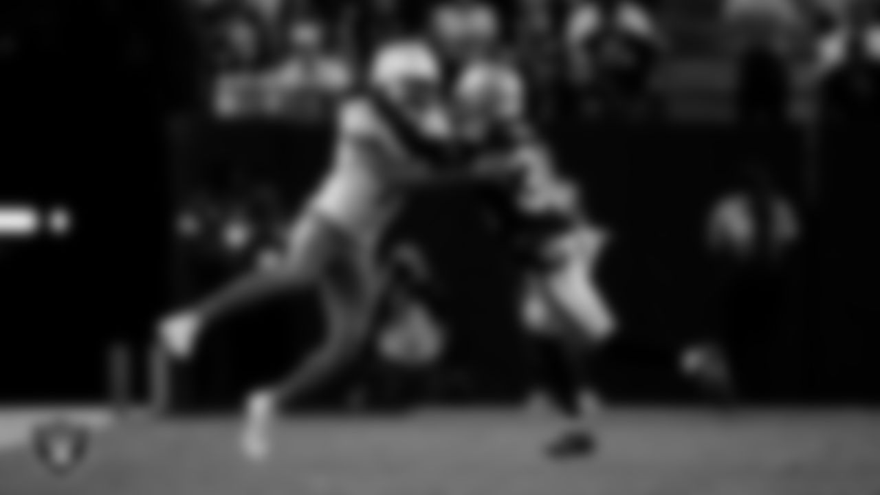 Las Vegas Raiders cornerback Kyu Blu Kelly (36) breaks up a pass during the regular season home game against the Los Angeles Chargers at Allegiant Stadium.