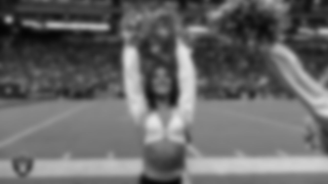 Raiderette Amanda on the sidelines during the regular season home game against the Los Angeles Chargers at Allegiant Stadium.