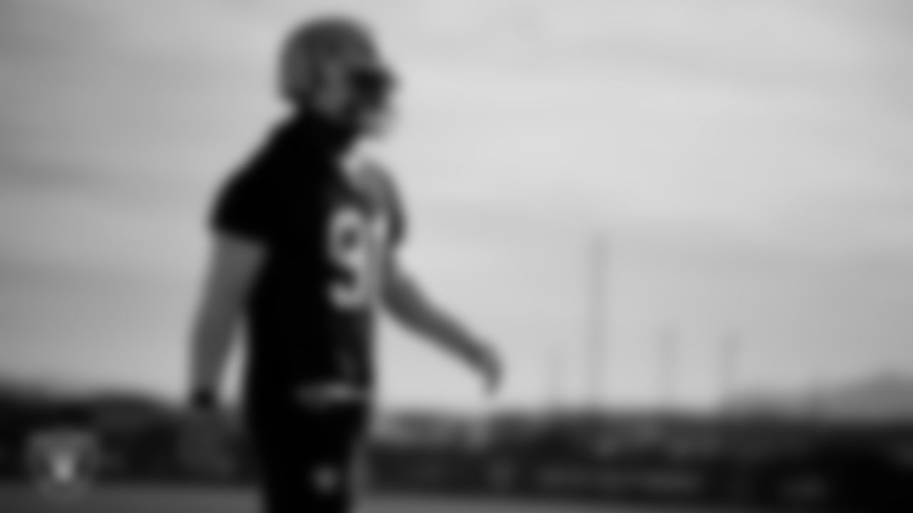 Las Vegas Raiders defensive end Jahfari Harvey (91) during practice at Intermountain Health Performance Center.