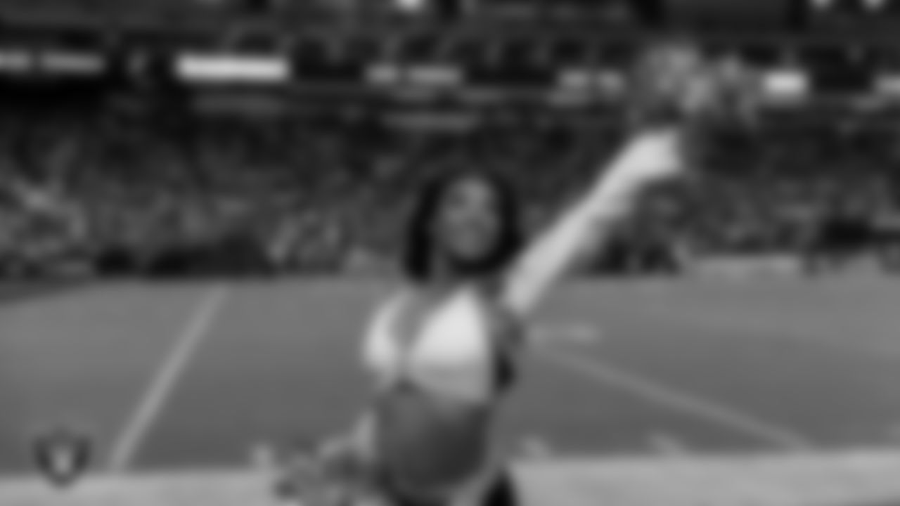 Raiderette Bria on the sidelines during the regular season home game against the Dallas Cowboys at Allegiant Stadium.