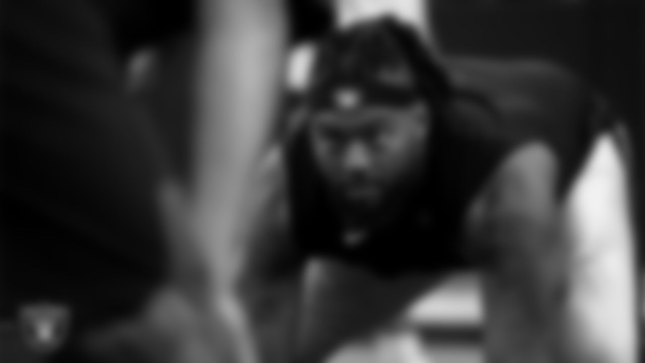 Las Vegas Raiders defensive tackle Adam Butler (69) warming up before the regular season home game against the Jacksonville Jaguars at Allegiant Stadium.