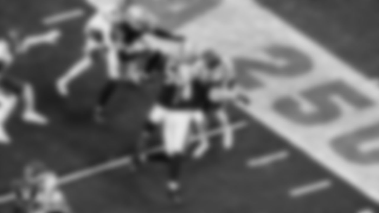 Las Vegas Raiders linebacker Tommy Eichenberg (44) makes a tackle during the regular season home game against the Kansas City Chiefs at Allegiant Stadium.