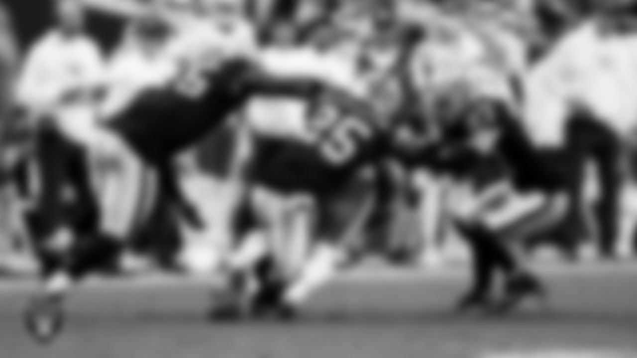 Las Vegas Raiders linebacker Devin White (45), cornerback Decamerion Richardson (25) and safety Tristin McCollum (27) during the regular season home game against the Kansas City Chiefs at Allegiant Stadium.
