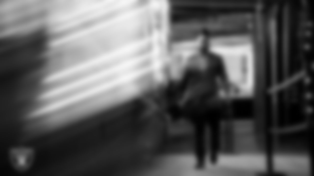 Las Vegas Raiders defensive tackle Adam Butler (69) arrives to the regular season home game against the Cleveland Browns at Allegiant Stadium.