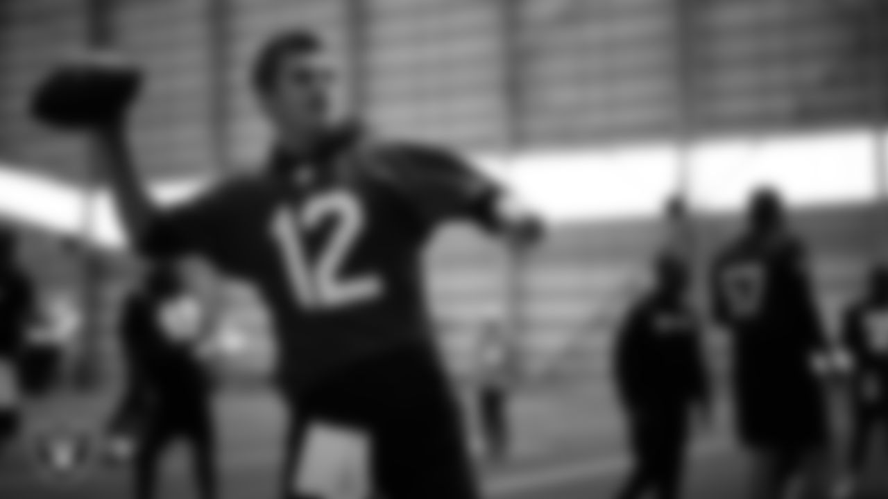 Las Vegas Raiders quarterback Aidan O'Connell (12) during practice at Intermountain Health Performance Center.
