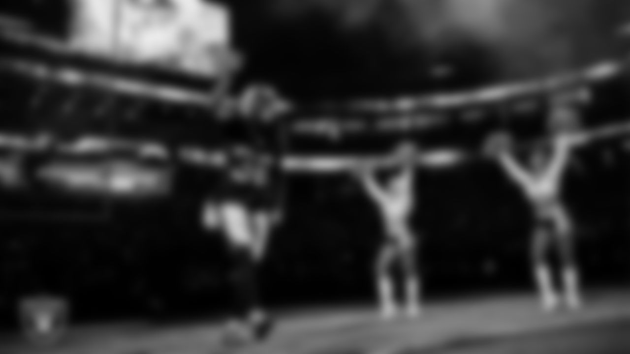 Las Vegas Raiders cornerback Kyu Blu Kelly (36) is introduced onto the field before the regular season home game against the Los Angeles Chargers at Allegiant Stadium,