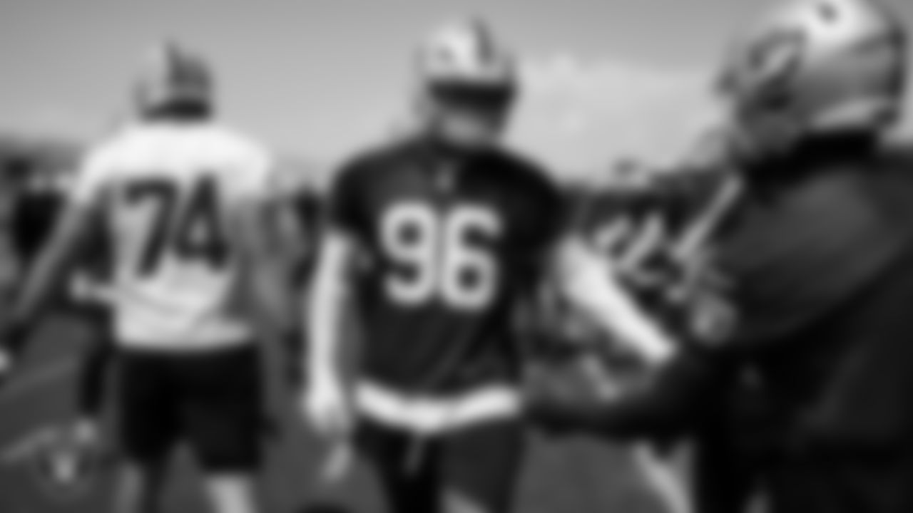 Las Vegas Raiders defensive tackle Jonah Laulu (96) at an Organized Team Activity (OTA) at Intermountain Health Performance Center.