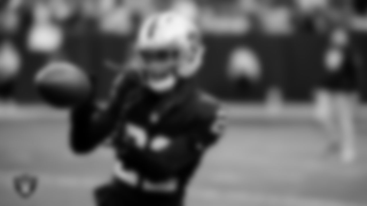Las Vegas Raiders cornerback Eric Stokes (22) warming up before the regular season home game against the Kansas City Chiefs at Allegiant Stadium.