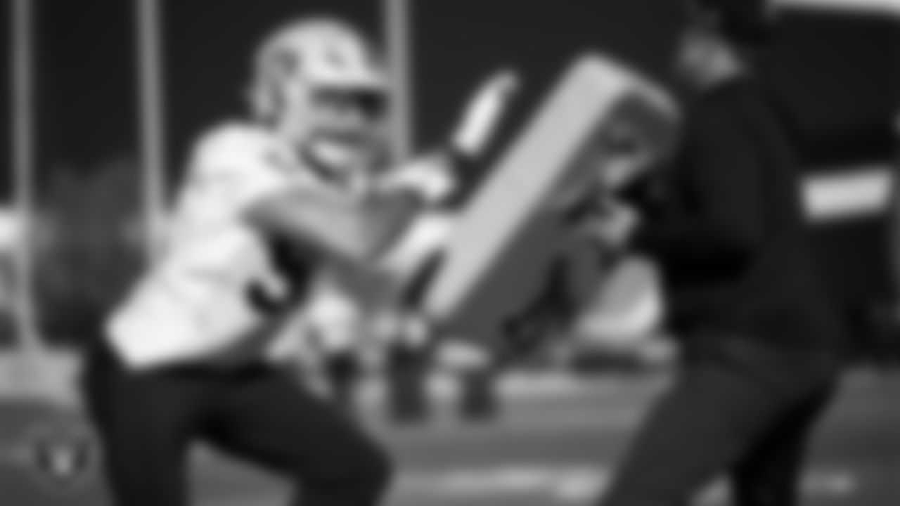 Las Vegas Raiders linebacker Jon Rhattigan (59) during practice at Intermountain Health Performance Center.