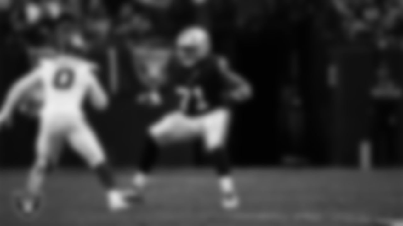 Las Vegas Raiders tackle DJ Glaze (71) blocks during the regular season home game against the Denver Broncos at Allegiant Stadium.