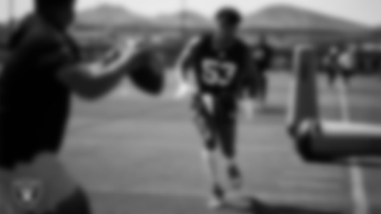 Las Vegas Raiders linebacker Amari Gainer (53) at a workout during phase two of the offseason program at Intermountain Health Performance Center.