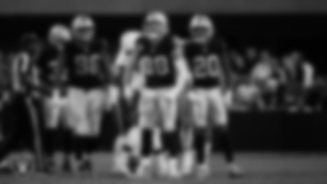 Las Vegas Raiders defensive end Maxx Crosby (98) celebrates after making a tackle during the regular season home game against the Cleveland Browns at Allegiant Stadium.