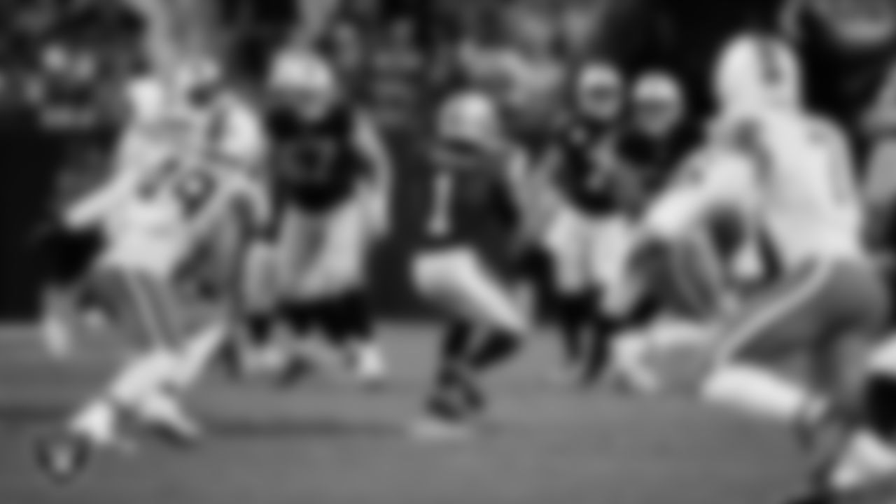 Las Vegas Raiders wide receiver Tre Tucker (1) makes a catch during the regular season home game against the Cleveland Browns at Allegiant Stadium.