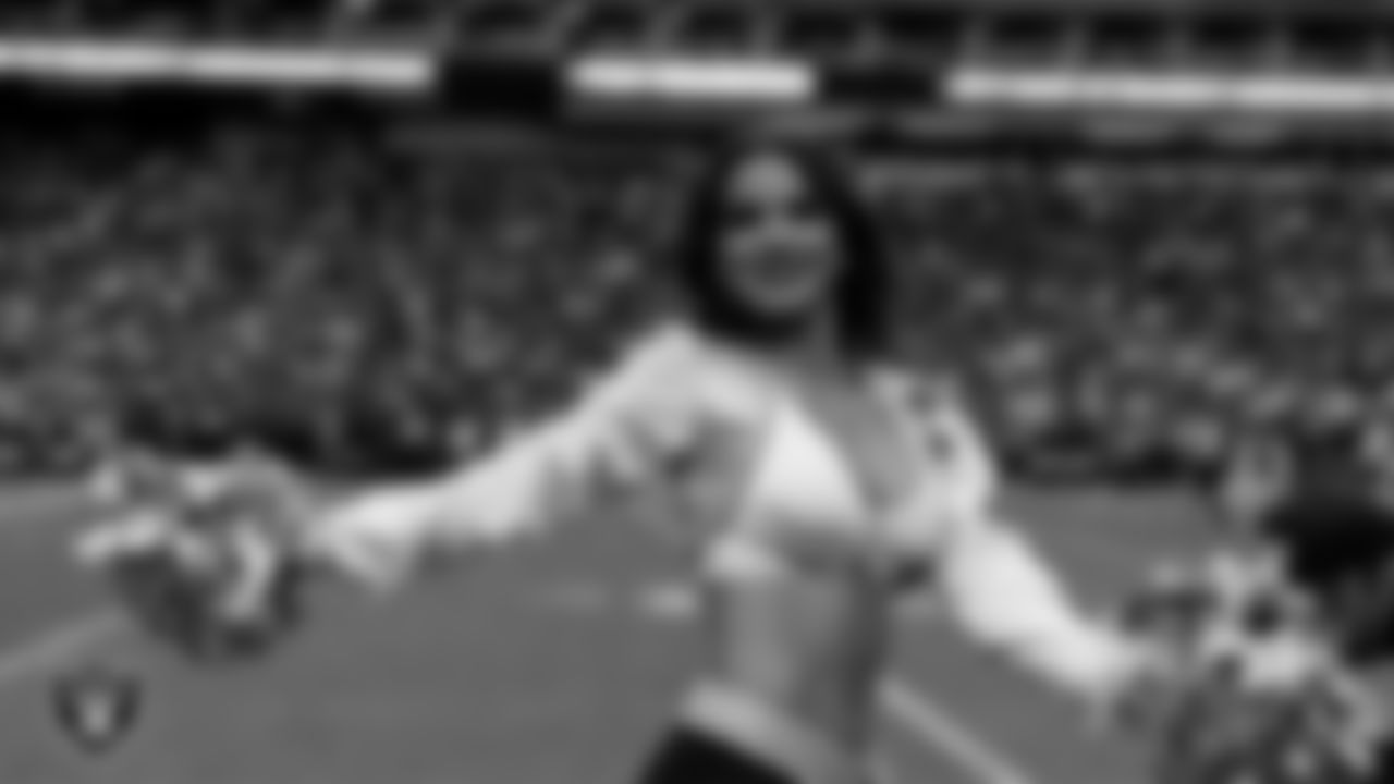 Raiderette Reagan performs on the sidelines during the regular season home game against the Jacksonville Jaguars at Allegiant Stadium.