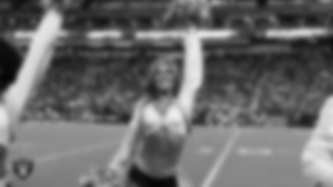 Raiderette Shelby on the sidelines during the regular season home game against the Los Angeles Chargers at Allegiant Stadium.
