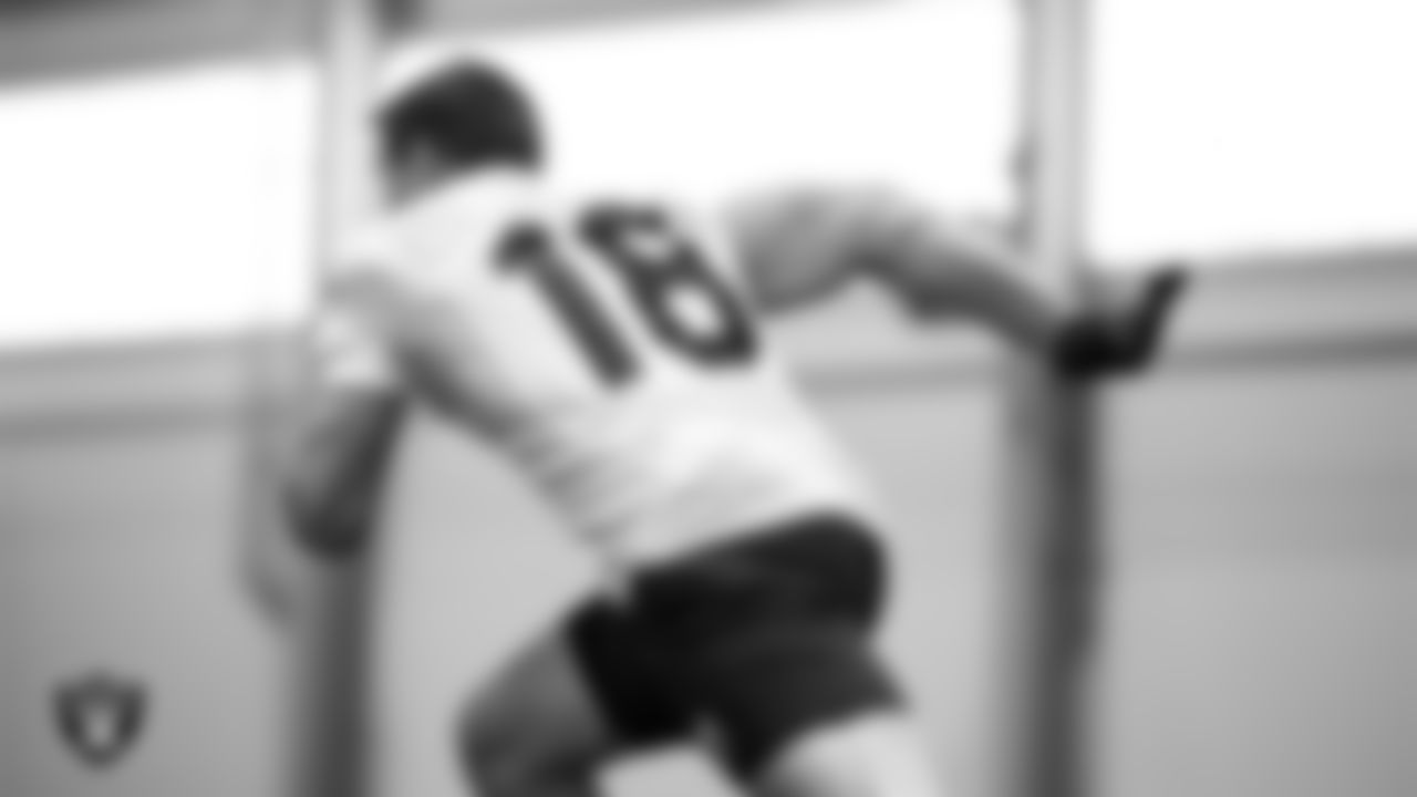 Las Vegas Raiders wide receiver Jack Bech (18) at a workout during phase two of the offseason program at Intermountain Health Performance Center.