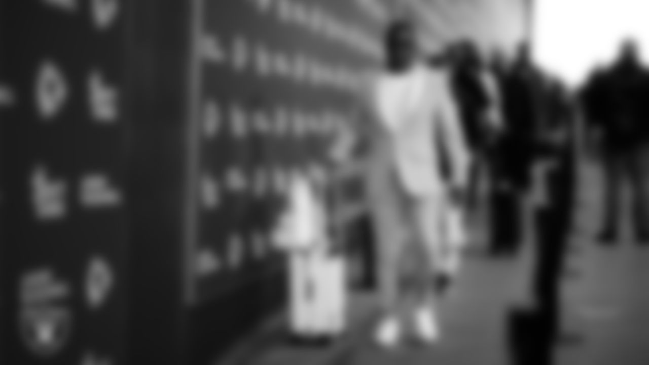 Las Vegas Raiders running backs coach Deland McCullough arrives to the regular season away game against the Kansas City Chiefs at GEHA Field at Arrowhead Stadium.
