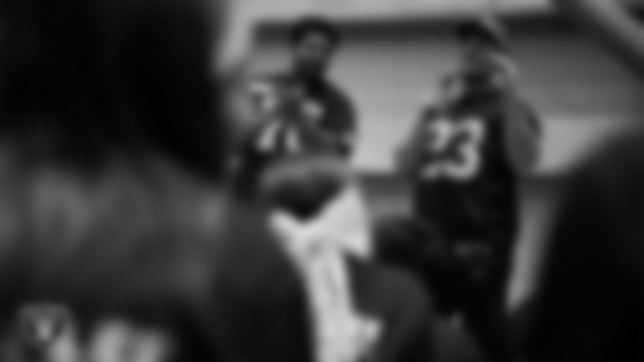 Las Vegas Raiders running back Dylan Laube (23) speaks to students during the Raiders Jr. Training Camp x Camp Bruce Lee event at Intermountain Health Performance Center.