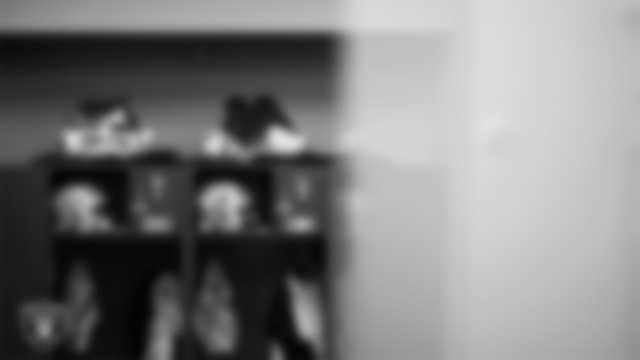 Las Vegas Raiders safety Isaiah Pola-Mao (20) and safety Jeremy Chinn's (11) lockers in the locker room prior to the Las Vegas Raiders' arrival for their regular season away game against the Indianapolis Colts at Lucas Oil Stadium.