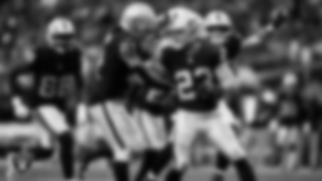 Las Vegas Raiders running back Dylan Laube (23) celebrates with wide receiver Alex Bachman (81) after making a tackle during the regular season home game against the Tennessee Titans at Allegiant Stadium.