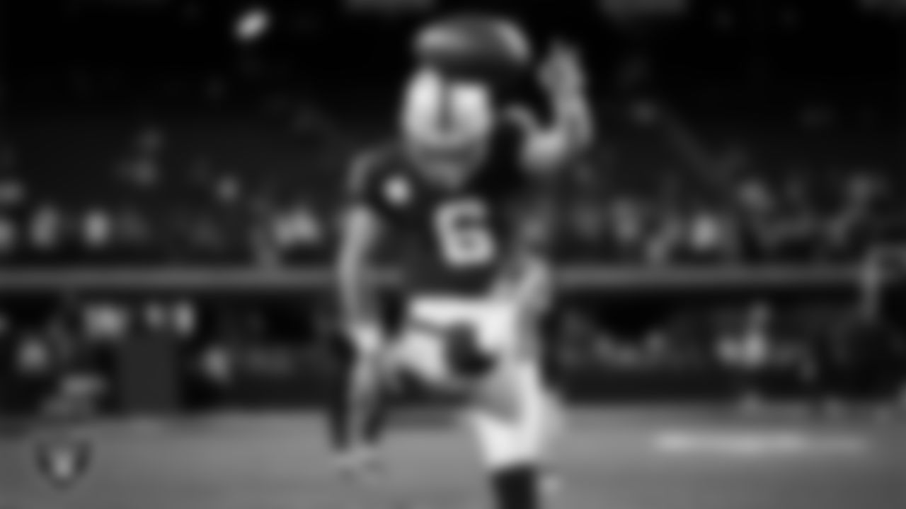 Las Vegas Raiders punter AJ Cole (6) warming up before the regular season home game against the Dallas Cowboys at Allegiant Stadium.