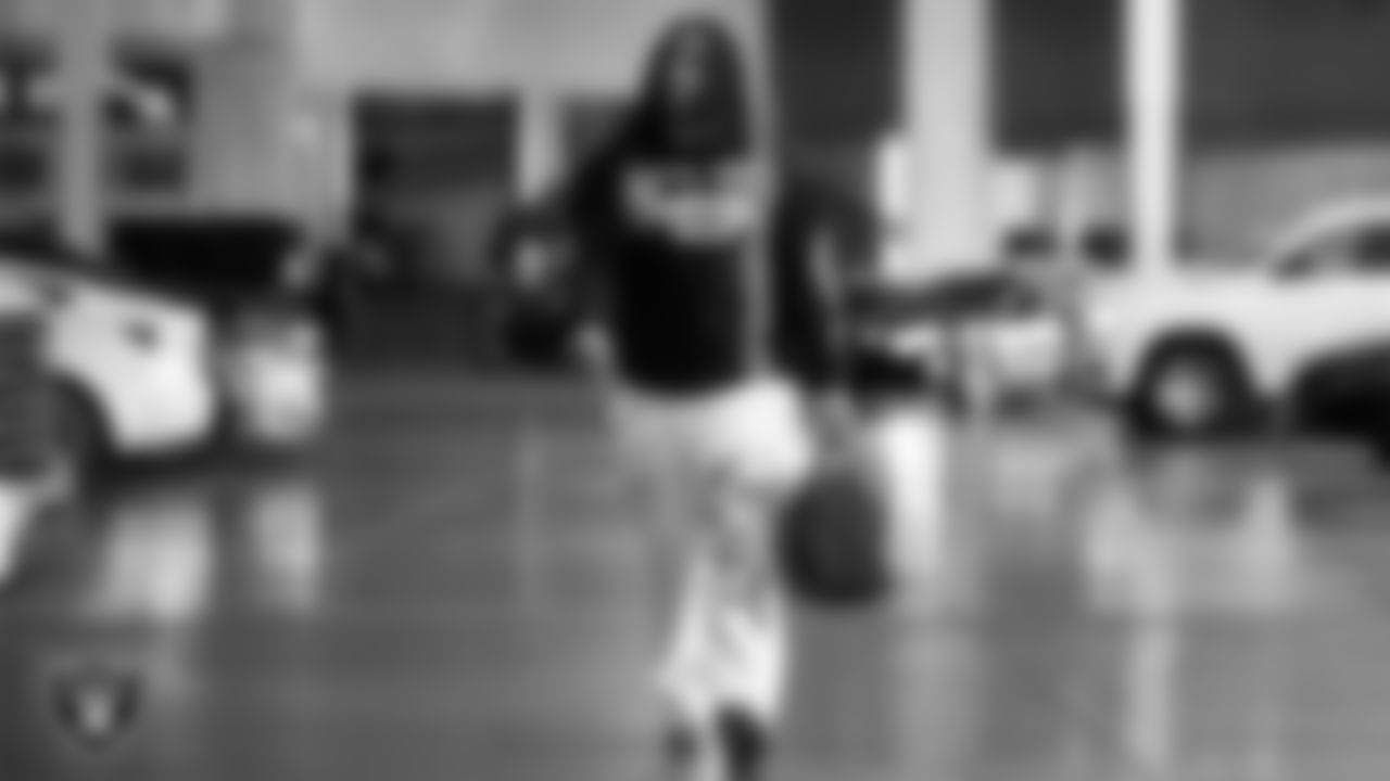 Las Vegas Raiders guard Dylan Parham (66) arrives to the regular season home game against the New York Giants at Allegiant Stadium.